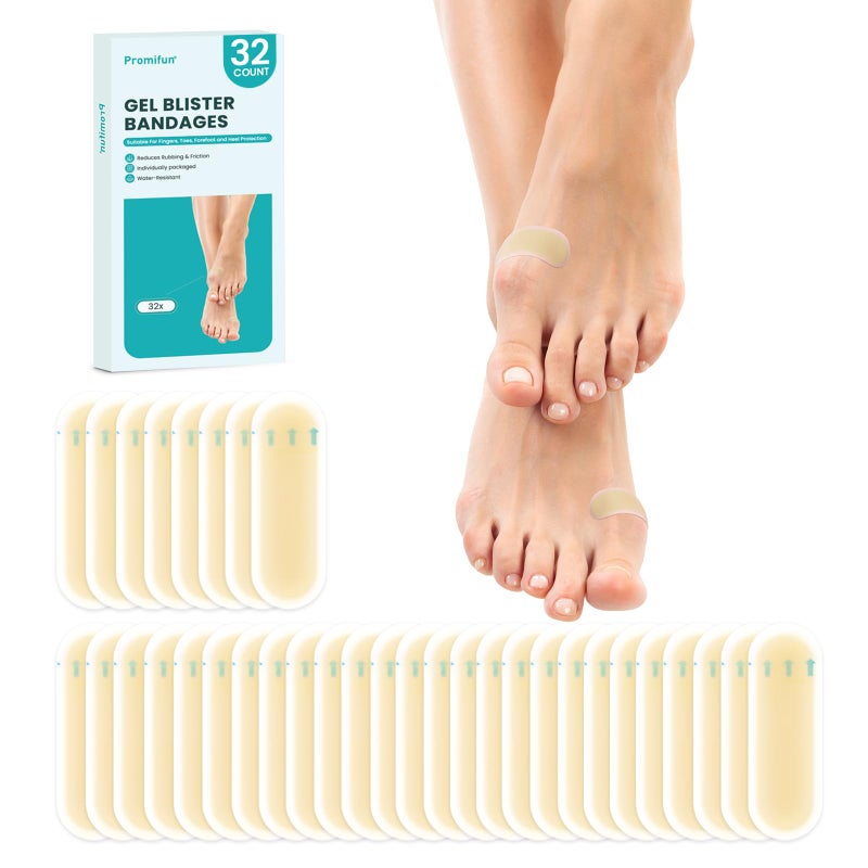 Promifun Waterproof Hydrocolloid Blister Bandages Gel Pads for Foot Toe Healing Prevention 32ct Spot Pack